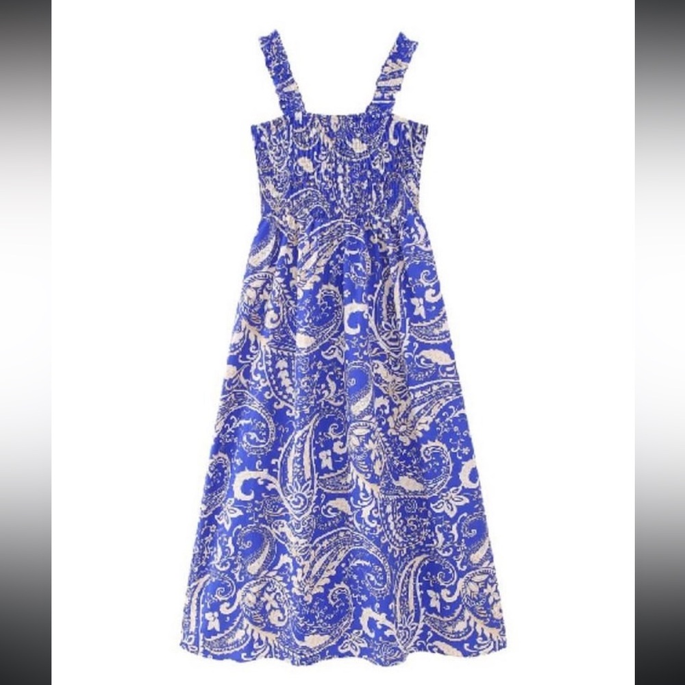 Blue Printed Midi Poplin Dress